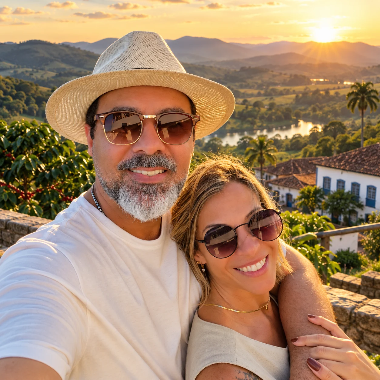 Daniela and Rodrigo smiling together in the Vale do Café at sunset